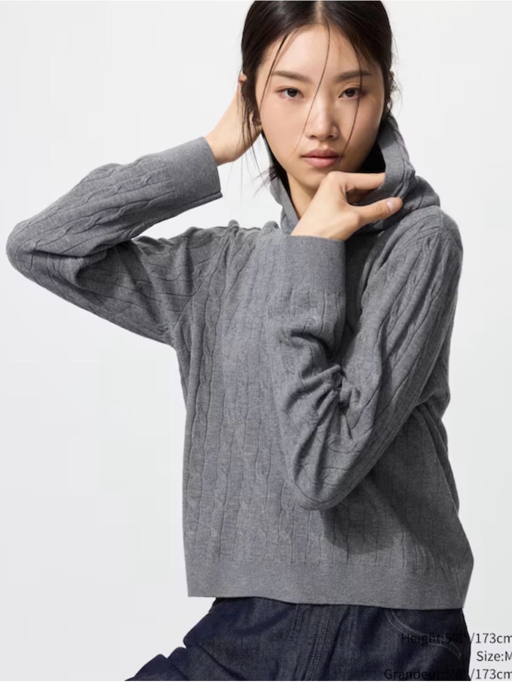 Uniqlo Gray Cable-Knit Funnel Neck Sweater